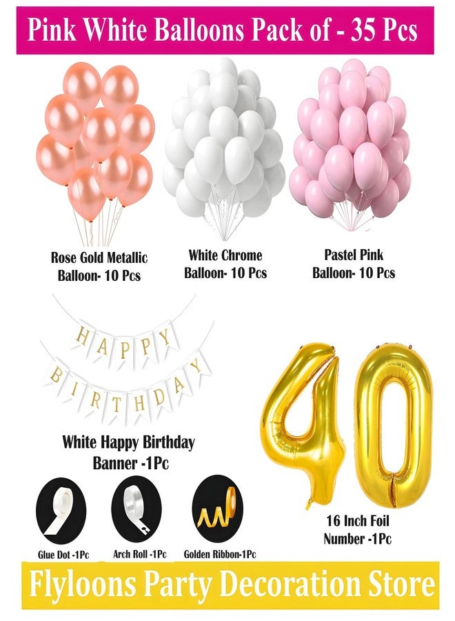 Flyloons زينة عيد ميلاد سعيد الأربعين من فلاي لونز، بتصميم أبيض ووردي، للبنات والسيدات والأمراء | 30 بالونًا ورديًا وأبيض وذهبيًا ورديًا | لافتة ورقية بيضاء مكتوب عليها "عيد ميلاد سعيد" | شريط قوس | نقاط لاصقة - Image 2